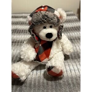 Hugfun International White Plush Polar Bear Red Buffalo Plaid Trapper Hat Scarf